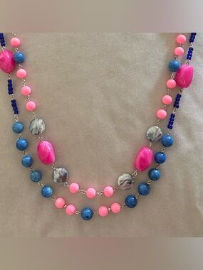 Multi-Strand Pink and Blue Beaded Necklace - Women Jewelry